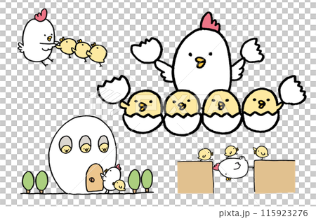 線画の丸っこくてかわいいにわとりの親子 115923276