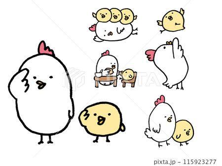 線画の丸っこくてかわいいにわとりの親子 線画の丸っこくてかわいいにわとりの親子 115923277