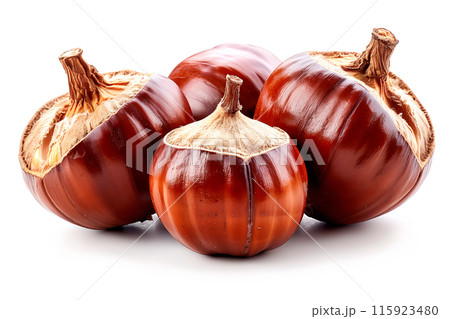 Close-up of shelled and unshelled Chestnut nuts isolated on a white background, showcasing their texture 115923480