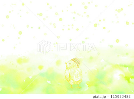 野原を歩く可愛いひよこのフレーム。幸せな雰囲気あふれる水彩イラスト。 野原を歩く可愛いひよこのフレーム。幸せな雰囲気あふれる水彩イラスト。 115923482
