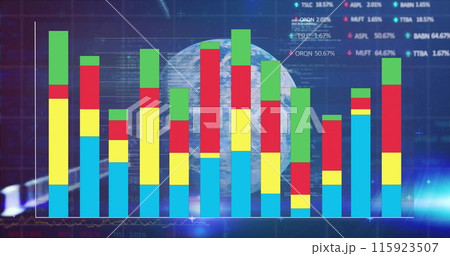 Image of statistics and financial data processing wtih globe over grid 115923507