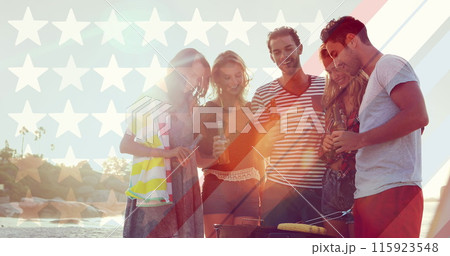 Image of flag of usa over diverse group of friends drinking beer outdoors Image of flag of usa over diverse group of friends drinking beer outdoors 115923548
