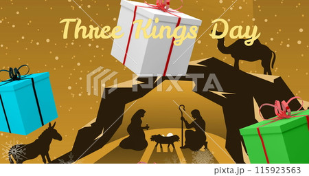 Image of present icons and three kings day text over nativity Image of present icons and three kings day text over nativity 115923563