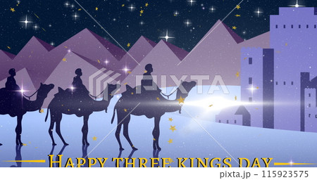 Image of happy three kings day text over kings and camels silhouettes Image of happy three kings day text over kings and camels silhouettes 115923575