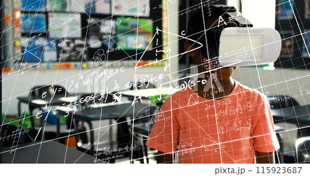 Image of data processing over african american schoolboy with vr headset Image of data processing over african american schoolboy with vr headset 115923687