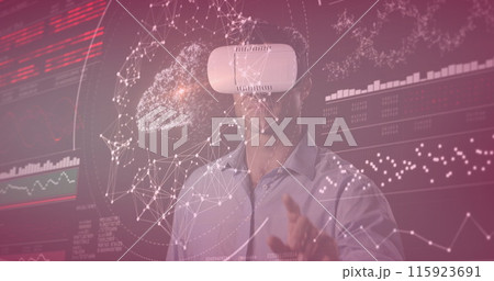 Image of data processing over caucasian man with vr headset 115923691