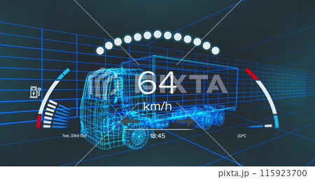 Image of speedometer over electric truck project on navy background 115923700