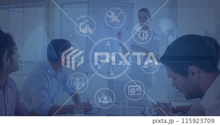Image of technology icons over diverse businesspeople in office 115923709