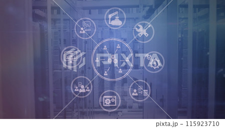 Image of media icons over server room 115923710