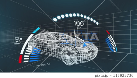 Image of speedometer over electric car project on navy background 115923736