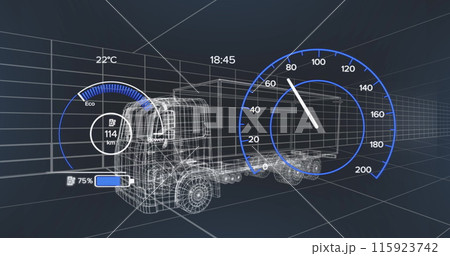 Image of speedometer over electric truck project on navy background 115923742