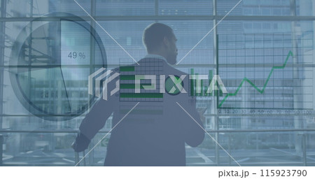 Image of financial graphs and pie chart over back view of caucasian businessman with suitcase 115923790