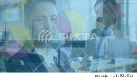 Image of statistics and financial data processing over diverse business people 115923812