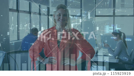 Image of financial data processing over diverse business people in office and cityscape Image of financial data processing over diverse business people in office and cityscape 115923919