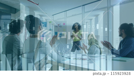 Image of financial data processing over diverse business people in office 115923928