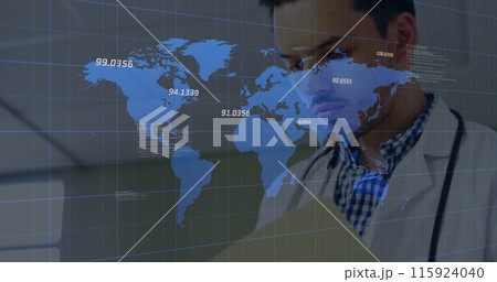 Image of globe and data processing over financial data on blue background 115924040