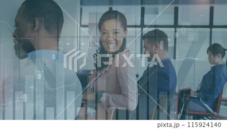 Image of data processing over diverse business people at meeting 115924140
