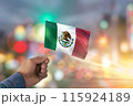 Generative AI Image of Hand Holding a Mexican Flag in Mexico Independence Day on Blur Background 115924189
