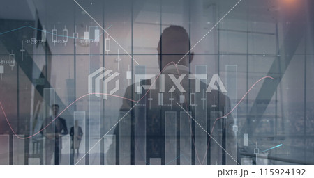 Image of financial data over back view of african american businessman walking in office 115924192