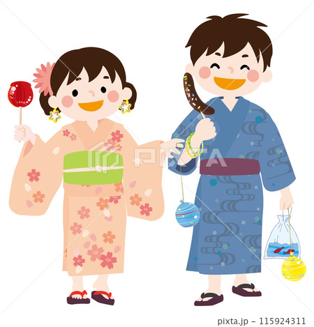 お祭りを楽しむ浴衣の男の子と女の子のベクターイラスト 115924311