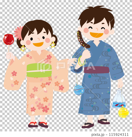 お祭りを楽しむ浴衣の男の子と女の子のベクターイラスト 115924311