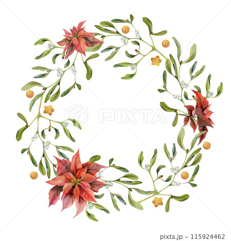 Poinsettia flowers, gold star baubles, mistletoe leaves. Watercolor hand drawn illustration, circle wreath frame isolated on white. Xmas, happy new year festive noel navidad holiday. Florist, wedding Poinsettia flowers, gold star baubles, mistletoe leaves. Watercolor hand drawn illustration, circle wreath frame isolated on white. Xmas, happy new year festive noel navidad holiday. Florist, wedding 115924462