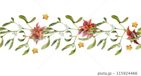 Poinsettia flowers, gold star baubles, mistletoe leaves. Watercolor hand drawn illustration, seamless banner isolated on white. Xmas, happy new year festive noel navidad holiday. Florist, wedding. 115924466