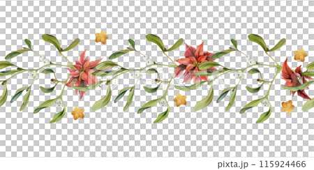 Poinsettia flowers, gold star baubles, mistletoe leaves. Watercolor hand drawn illustration, seamless banner isolated on white. Xmas, happy new year festive noel navidad holiday. Florist, wedding. 115924466
