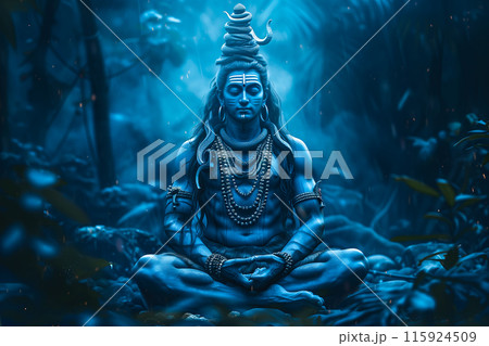 Hindu God Shiva is depicted in deep meditation. The concept of tranquility, inner peace, and spiritual enlightenment. Generative AI. Hindu God Shiva is depicted in deep meditation. The concept of tranquility, inner peace, and spiritual enlightenment. Generative AI. 115924509