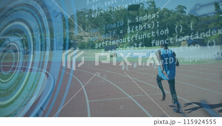 Image of data processing on digital screen over african american male runner with running blade 115924555