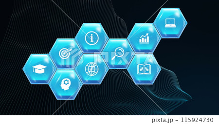 Image of education and learning icons on blue hexagons over mesh on black background 115924730