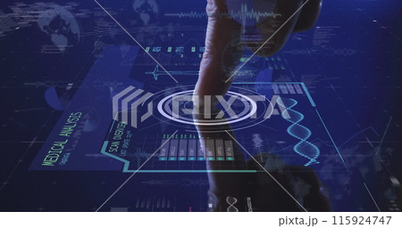 Image of hands of caucasian man using touchscreen with diverse data 115924747