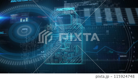 Image of digital screen with data and digital padlock 115924748