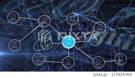 Image of profile icons connecting dots, geometric shapes, hud processing on digital interface Image of profile icons connecting dots, geometric shapes, hud processing on digital interface 115924769