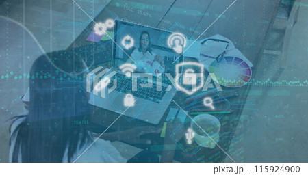 Image of data and security icons over woman using laptop 115924900