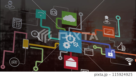 Image of media icons over cityscape Image of media icons over cityscape 115924925