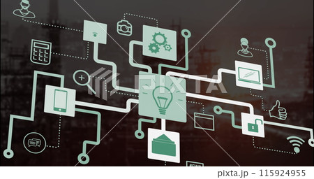 Image of media icons over building site Image of media icons over building site 115924955