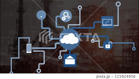 Image of media icons over building site Image of media icons over building site 115924956