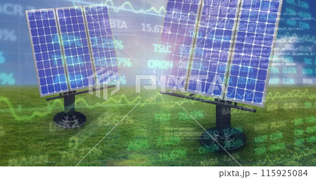 Image of financial data processing over solar panels on grass and blue background Image of financial data processing over solar panels on grass and blue background 115925084