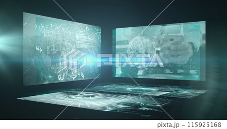 Image of blue light spot of multiple screens with data processing against green background 115925168