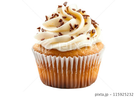 Vanilla muffin sprinkled with chocolate isolated on white transparent background Vanilla muffin sprinkled with chocolate isolated on white transparent background 115925232