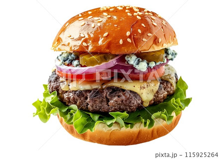Blue Cheese Burger with fresh tomato in a brioche bun isolated on transparent white background Blue Cheese Burger with fresh tomato in a brioche bun isolated on transparent white background 115925264