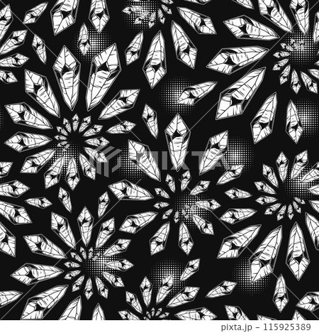 Pattern with monochrome crystal gems on dark background. Magical minerals in fractal, spiral ornament. Black and white illustration. Pattern with monochrome crystal gems on dark background. Magical minerals in fractal, spiral ornament. Black and white illustration. 115925389