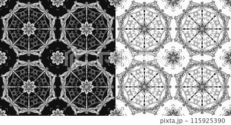 Seamless pattern with circular ornament like mandala with chamomile flower in center, fantasy dragonfly with curled antennae. Geometric background. Black and white illustration in Art Nouveau style 115925390