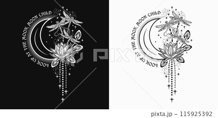 Vertical black and white celestial composition, label with lotus flower, flying fantasy dragonflies, moon crescent, stars, text. Mysterious, mystical concept. Vintage style. 115925392