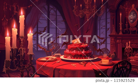 Tempting Vampire Red Velvet Cake in Elegant Gothic Candlelit Lair 115925529