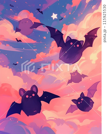 Whimsical Bat Floating in Twilight Skies with Fluffy Cloud Formations 115925530