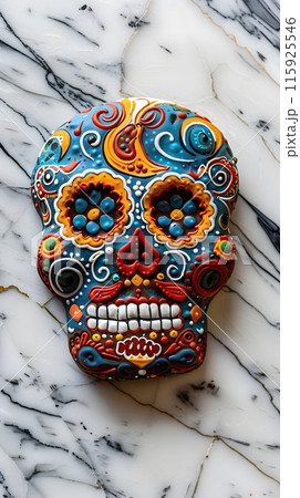 Vibrant Colorful Skull Patterned Pan de Muerto Bread on White Background Celebrating Mexican Vibrant Colorful Skull Patterned Pan de Muerto Bread on White Background Celebrating Mexican 115925546