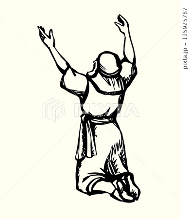 Praying man with his hands up. Vector drawing 115925787