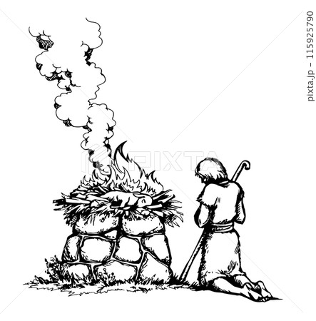 Vector drawing. Man Offers a Sacrifice to God 115925790